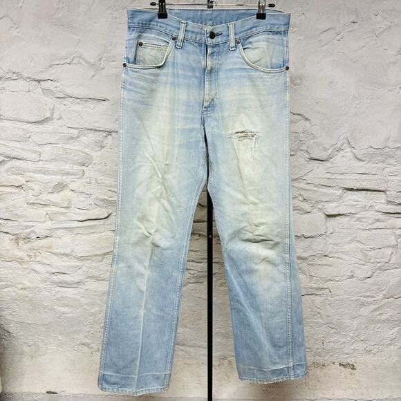 Sears Roebuck Denim Blue Jeans Light Wash Stains Distressed Faded Vintage 1970s - Picture 1 of 10